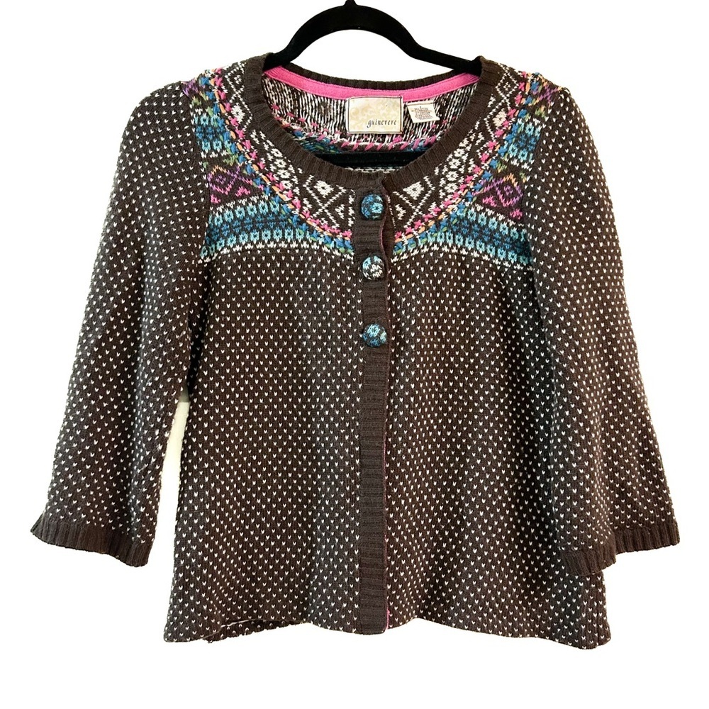 Guinevere Boho Y2K Cardigan Artsy Wool Cashmere Heart Brown Multicolor Sz Sm